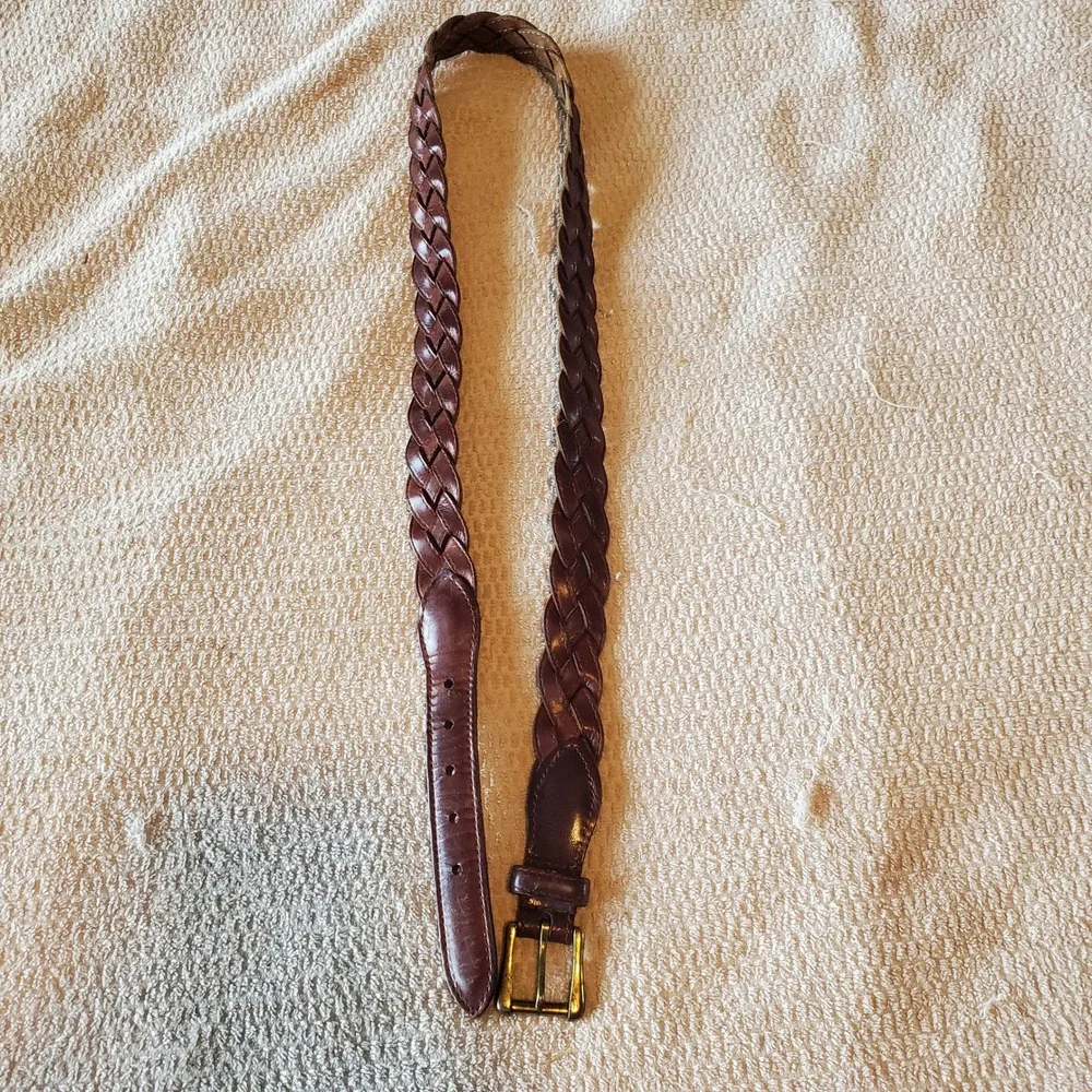 Vintage Brown Braided Leather Belt Women Size 38/95 Made in Uruguay Brass Buckle